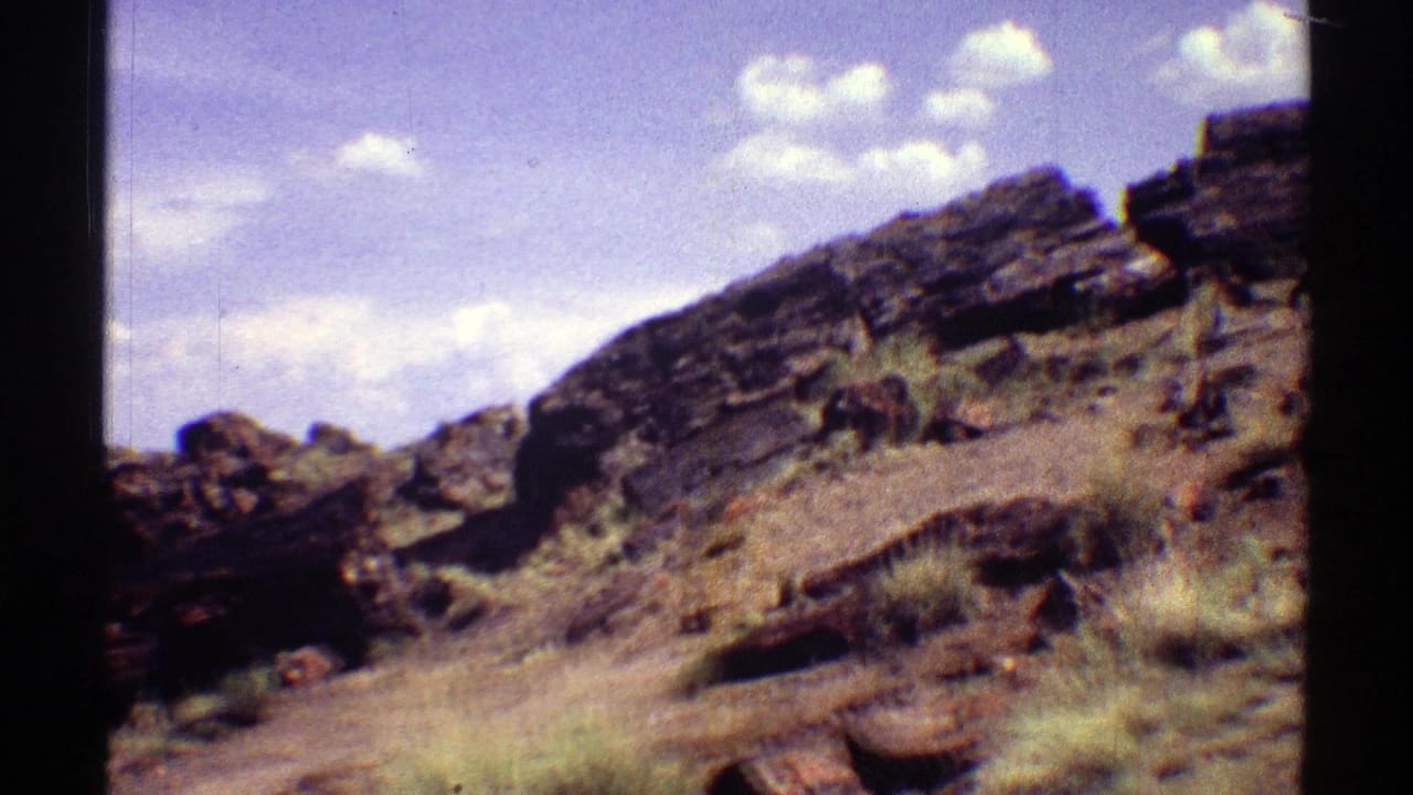 Desert rocks and dry grass on a sloped hillside beneath scattered clouds.