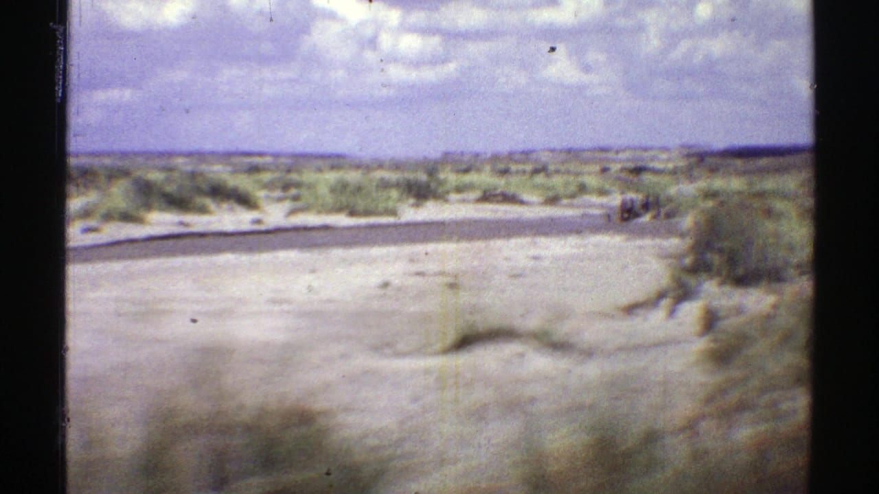 1969 Arizona 8mm roadside view from a moving vehicle, showing sandy terrain, low shrubs, and a paved road.