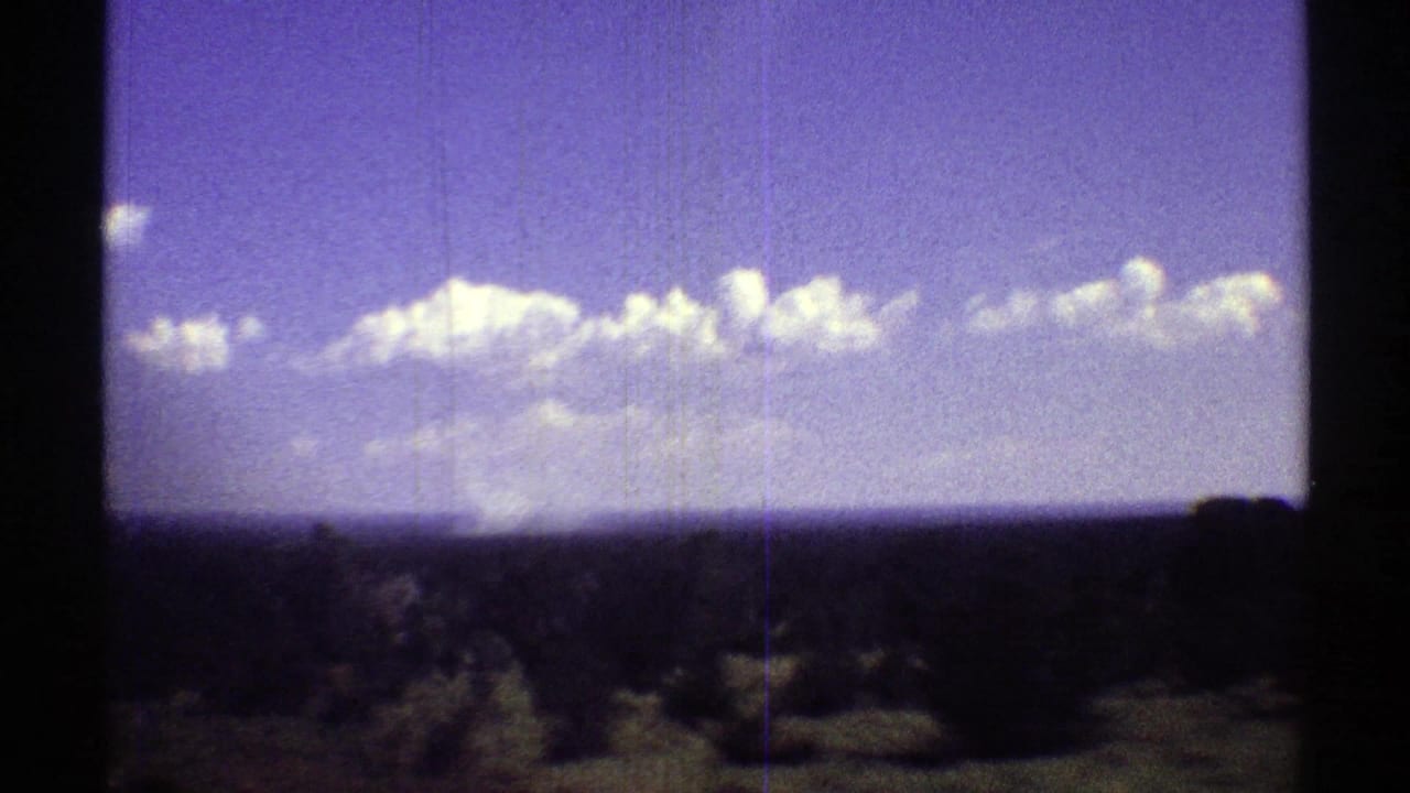 Open field and distant horizon beneath a purple-blue sky with scattered clouds.