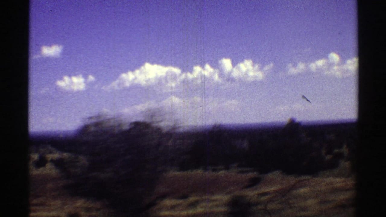 1969 Arizona travel-view frame with motion-blurred brush, wide horizon, and bright clouds across a purple-blue sky.