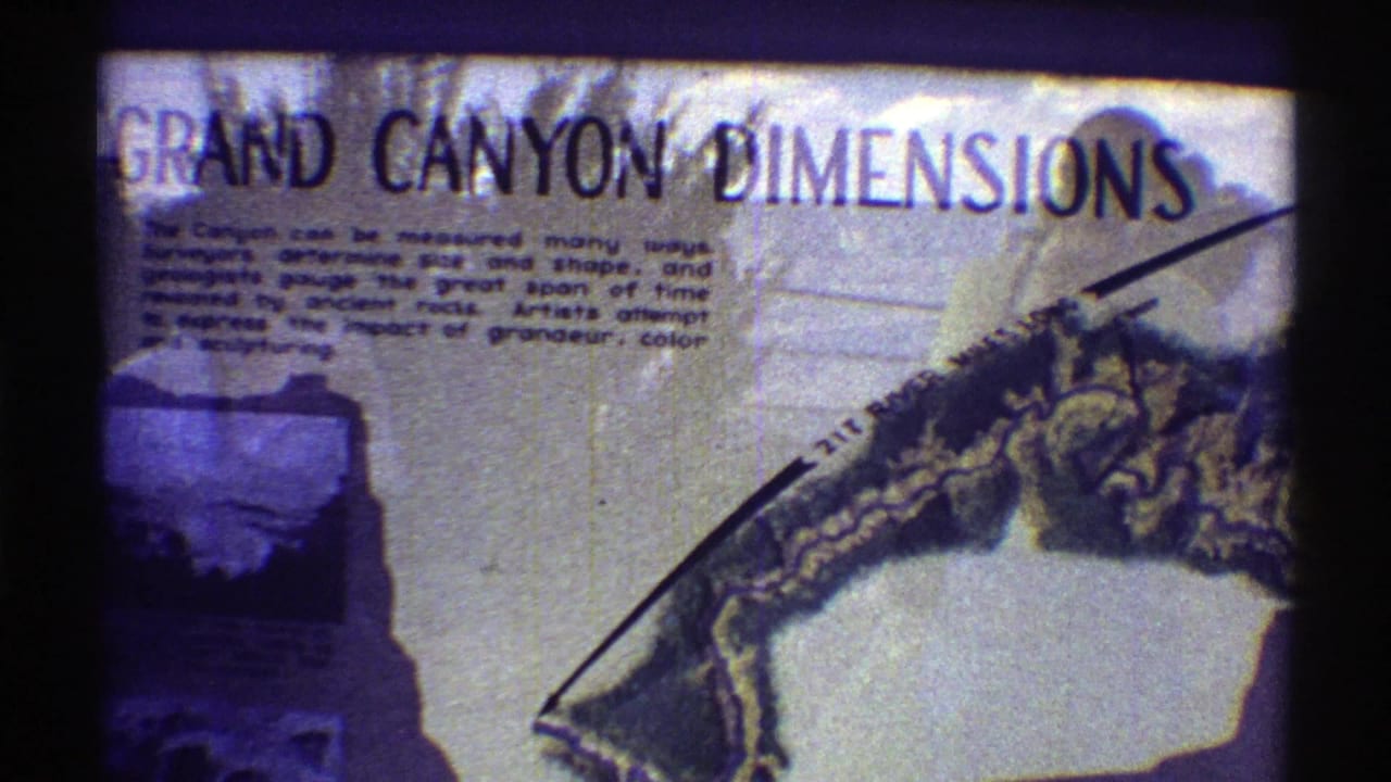 1969 Arizona 8mm frame of the Grand Canyon Dimensions sign, including the title, map detail, and dark gate edges.