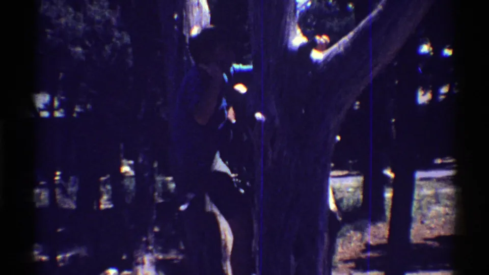 A child in dark clothing reaches around a large tree trunk during 1969 Arizona home-movie footage, with strong blue-purple film color shift.