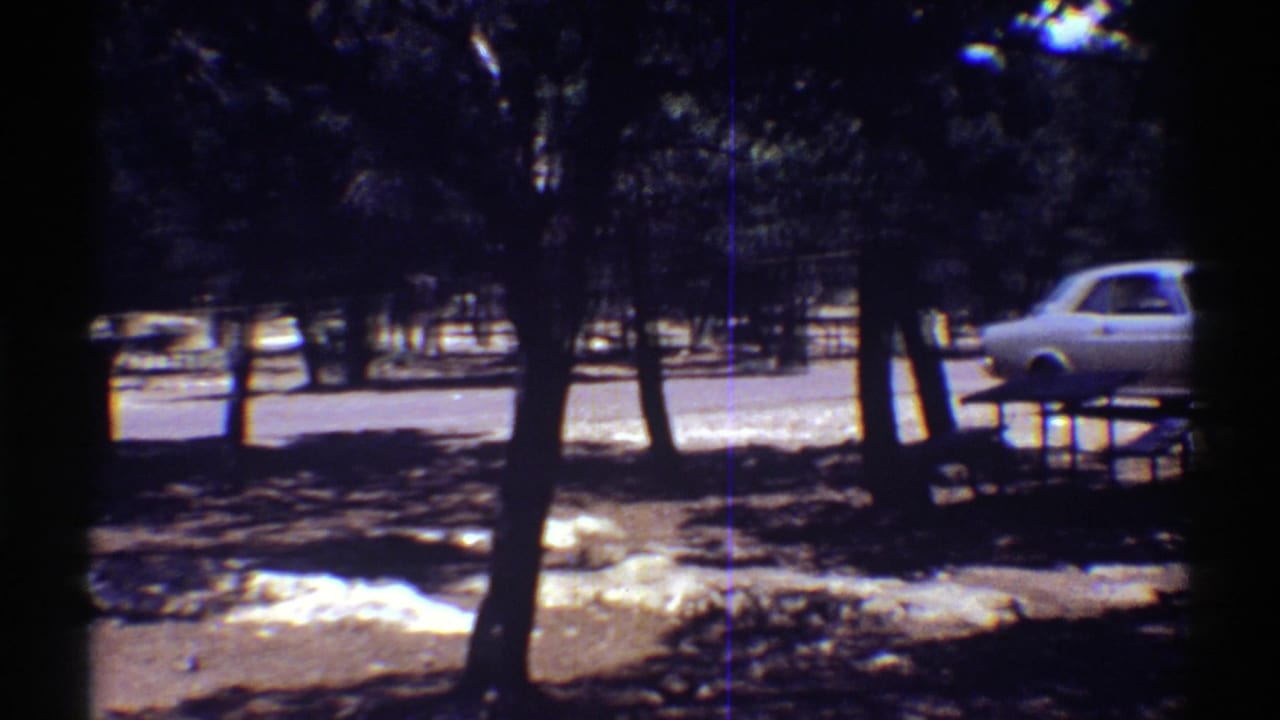 1969 Arizona travel footage frame with classic cars partly obscured by trees near a bright parking roadway.