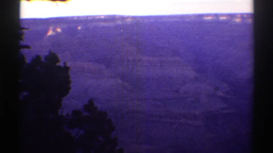 1969 Arizona canyon overlook with a purple-tinted valley view and dark foreground tree silhouettes at the edge of the frame.