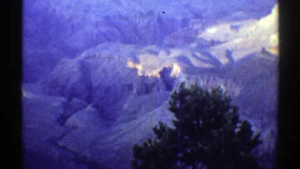 Arizona 8mm landscape frame with foreground trees, blue-purple canyon walls, and distant ridgelines.