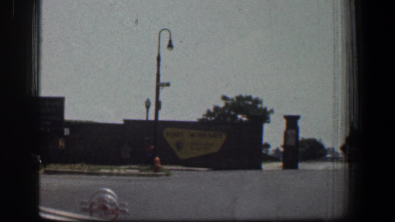Car-window view of a roadside Fort McHenry sign with lamppost, hydrant, and street edge.