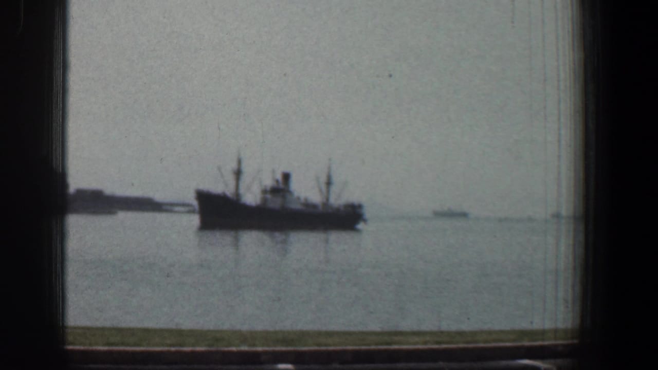 Harbor vessel passing near a low shoreline, framed by dark window bars.