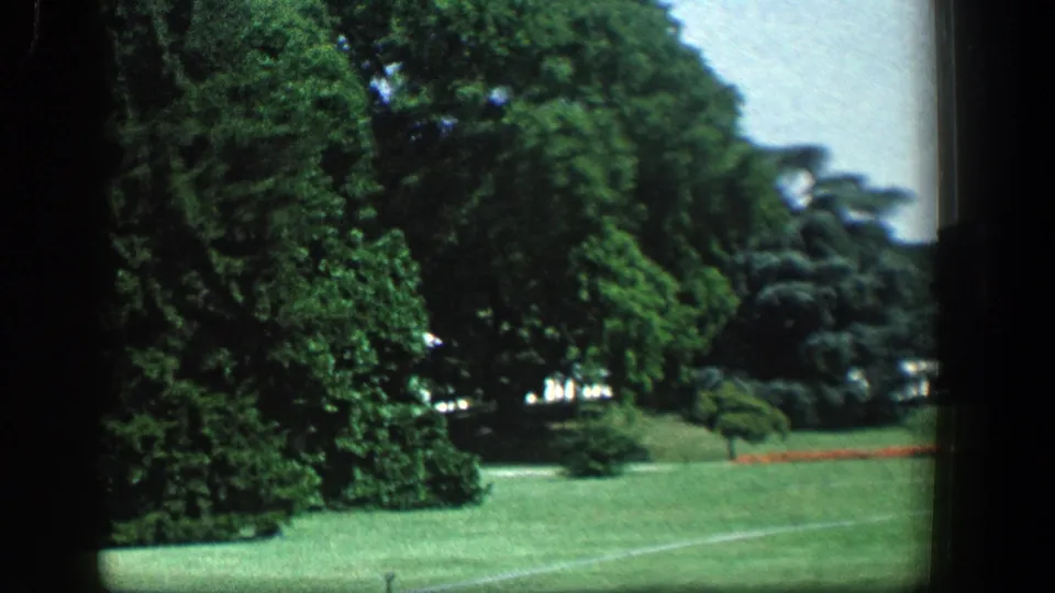 1961 8mm view across a manicured lawn and dense trees near the White House grounds, with a flower bed and distant building edge.