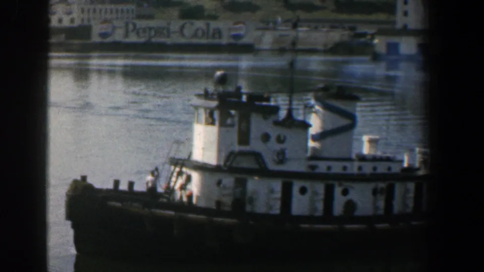 1961 Baltimore harbor frame showing a white tugboat in the foreground and a visible Pepsi-Cola sign on the opposite waterfront.