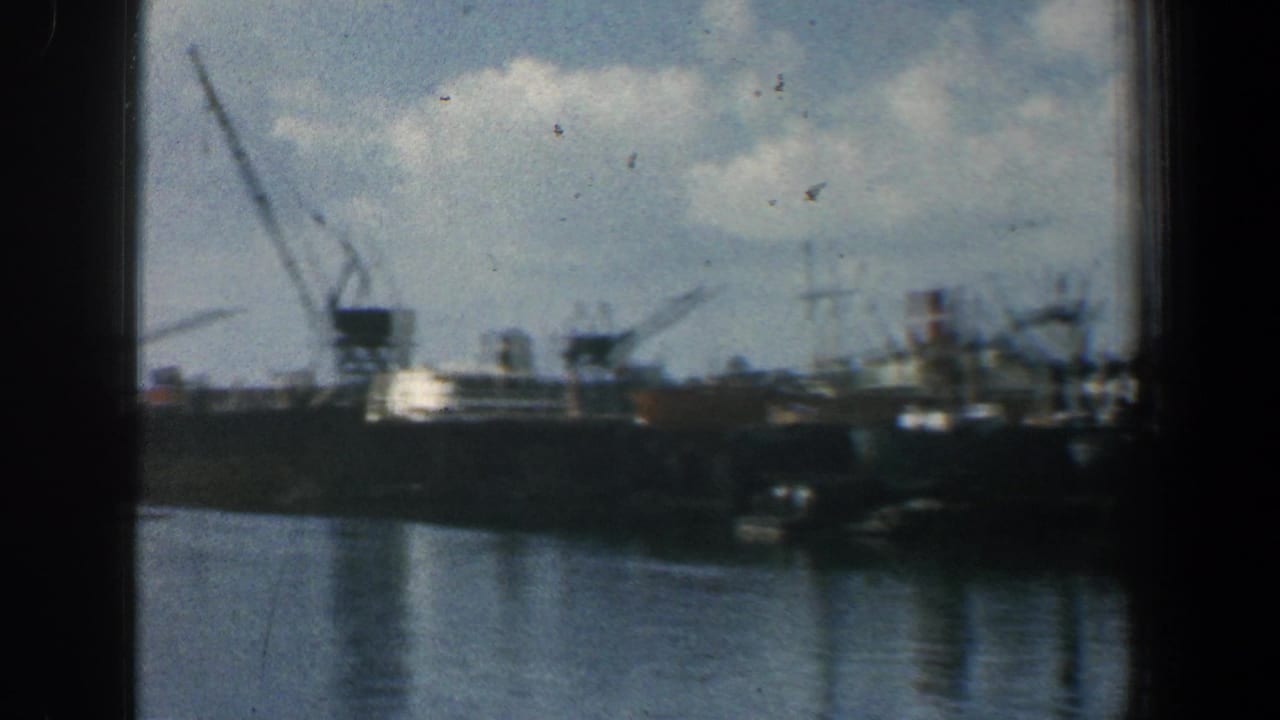 Wide harbor view with docked ships, cranes, water, and cloudy sky.