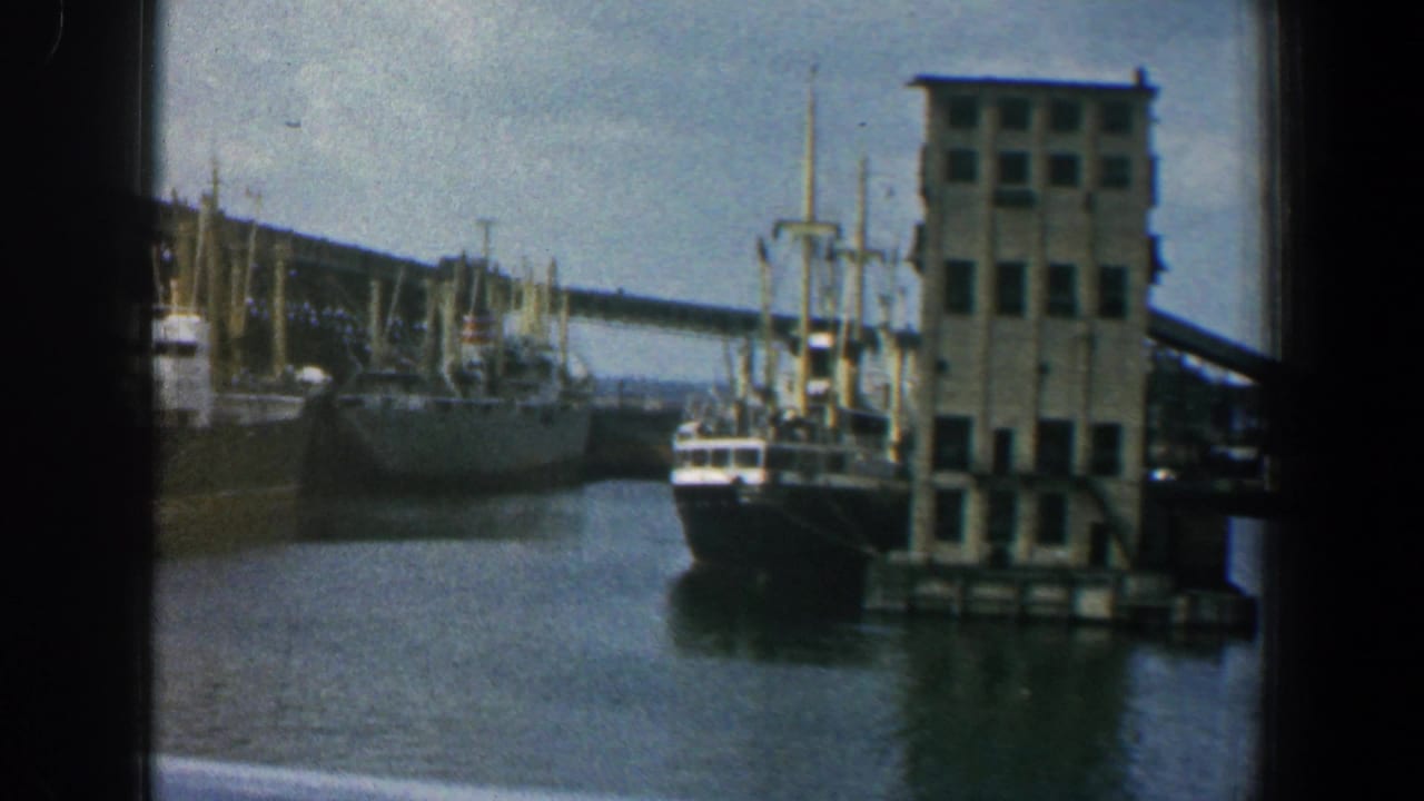 Docked ships beside a pier building on calm harbor water.