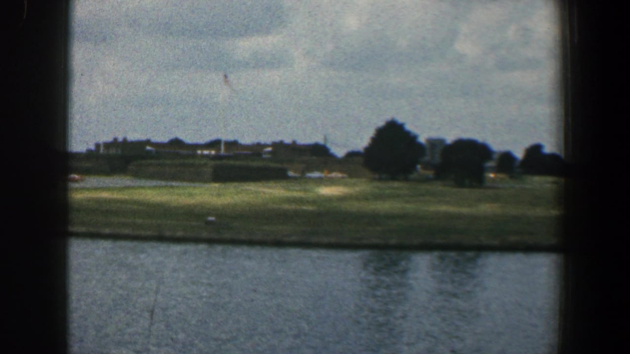 Riverside view with water, grass, low buildings, trees, and a small flag on the far shore.