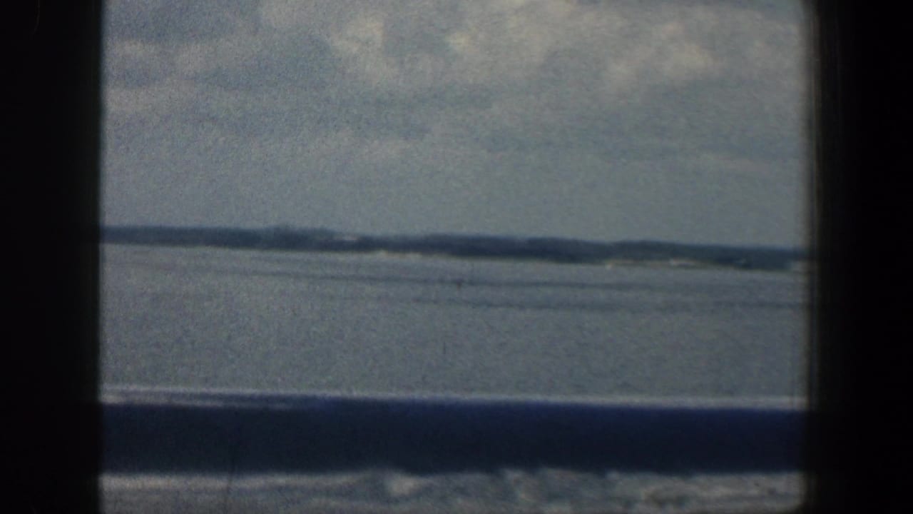 Open water and distant shoreline seen through dark vertical and horizontal framing.