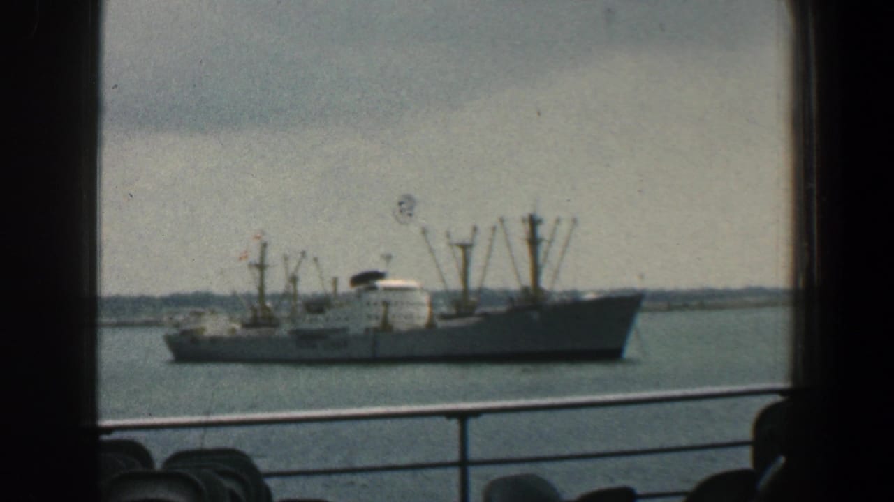 Large cargo ship with cranes passing beyond deck railings.