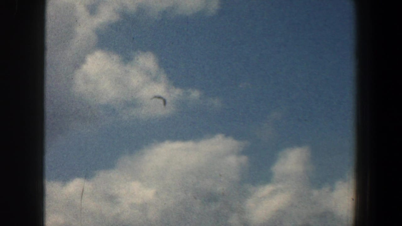 A small bird crosses a blue, cloud-filled sky in 1961 8mm home-movie footage from the Baltimore, Maryland metadata context.