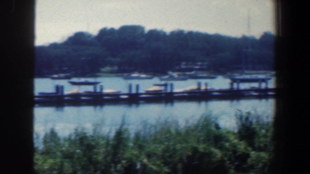 Dock and several small boats across calm water, with trees on the far bank.