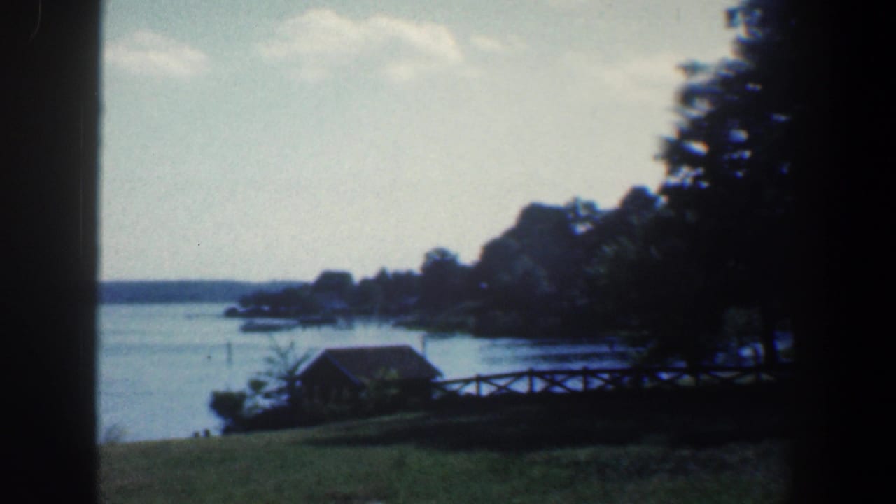 Lake shoreline with trees, a small structure near the water, fence rail, grass, and dark vertical edges.