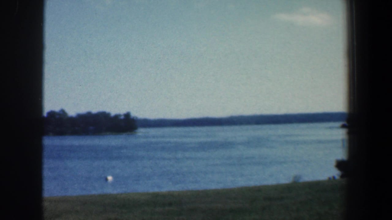Lake seen through dark window-frame edges with distant trees, pale sky, buoys, and grassy shore.