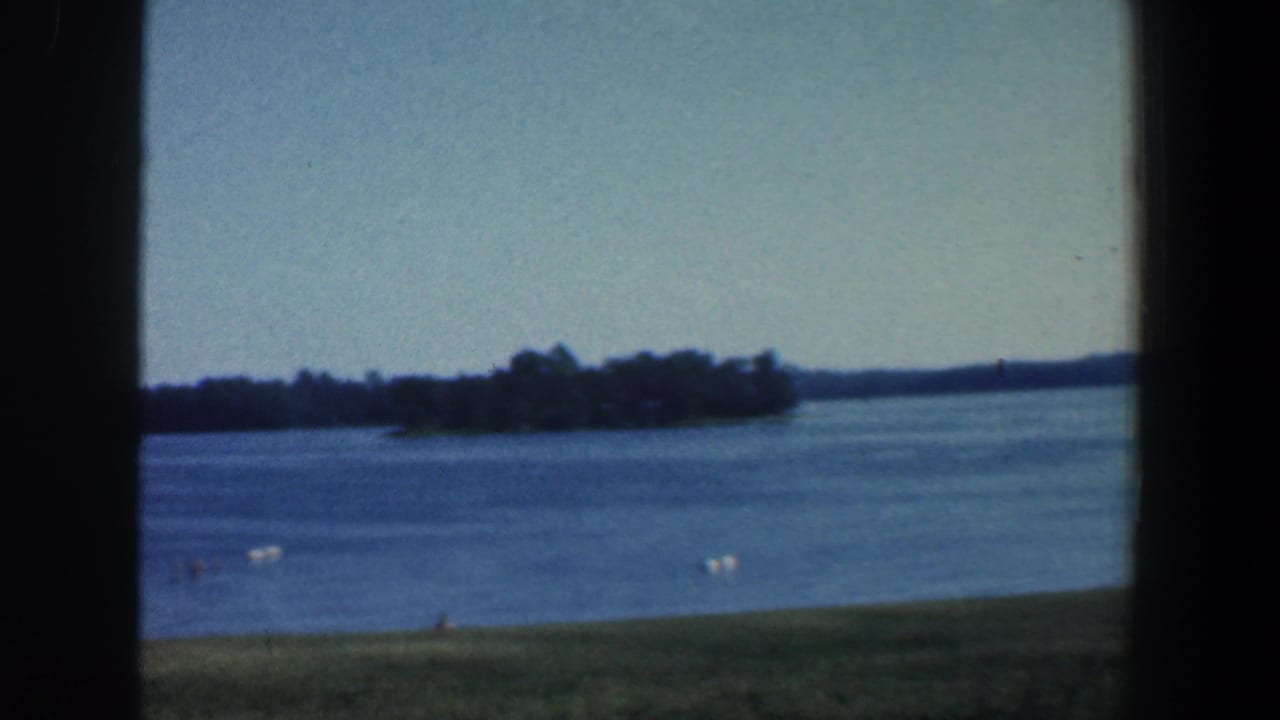 Wide lake view with a wooded island or shoreline, small white buoys, grass, and a dark central frame edge.