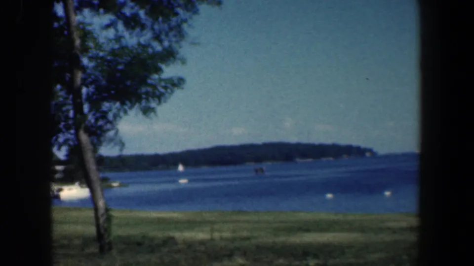 1961 8mm lakeside view near Baltimore with a leaning tree at the shore, blue water, small buoys, and wooded land across the lake.