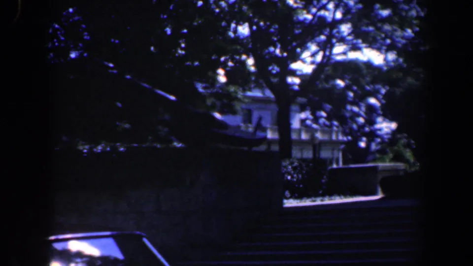 1961 Baltimore home-movie frame with stone steps, a large tree, a low wall, and a partly visible building beyond.