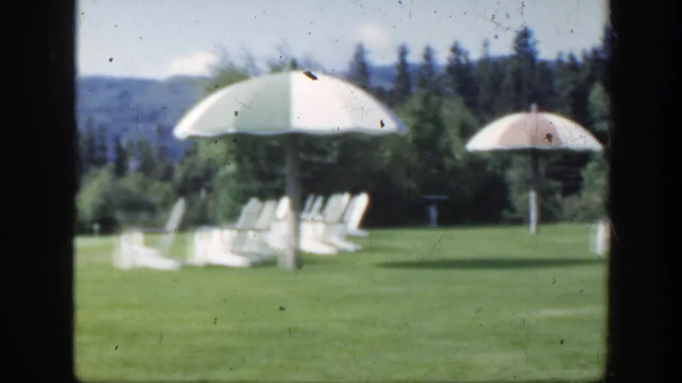 A grassy Montreal outdoor setting shows lounge chairs and large umbrellas, likely adjacent to the wedding gathering.