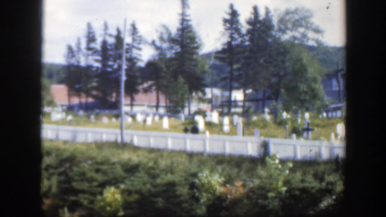1950 Montreal cemetery view with pale headstones, a white fence, evergreens, and red-roofed buildings seen across foreground greenery.
