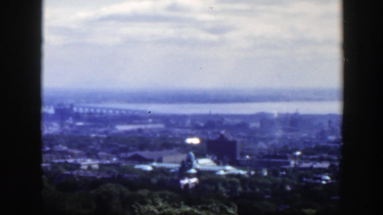 Soft-focused city panorama with water and bridge seen through dark vertical framing.