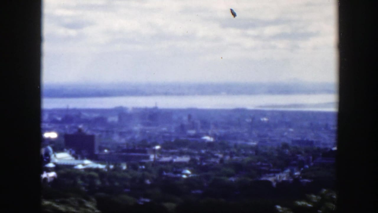 1950 Montreal city panorama seen from an elevated vantage, with dark mullions, foreground trees, low buildings, distant skyline, and river haze.