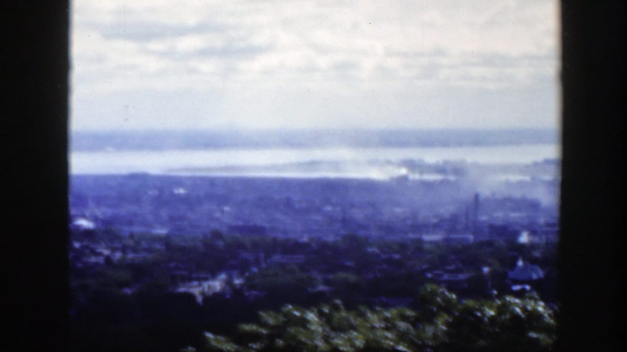 Soft distant city view framed by dark vertical bars, with water and cloudy sky beyond.