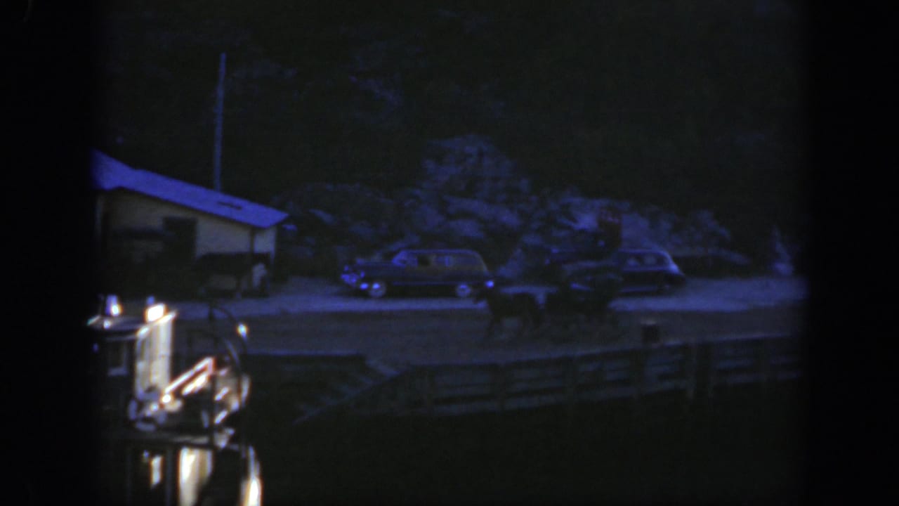 Dark dockside view with parked cars, a small structure, and a horse-drawn cart or wagon near the water.