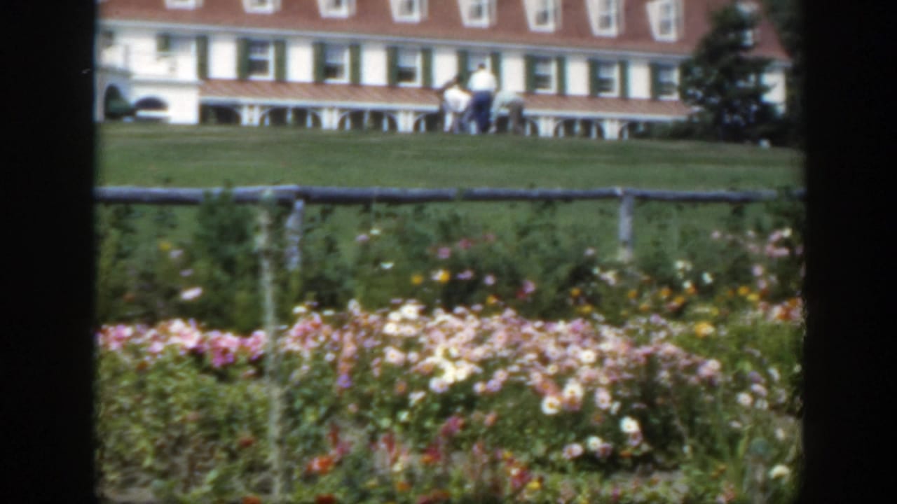 1950 Montreal garden view with flowers in front, several men on the lawn, and a white building with green shutters behind them.
