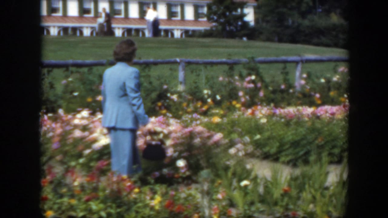 Woman in a blue suit stands by flower beds with a fence, lawn, and house beyond.