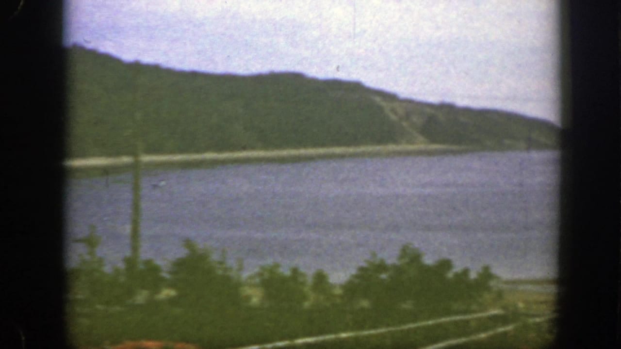 1950 8mm home-movie view near Montreal showing calm water, a green hillside, foreground vegetation, and a utility pole.