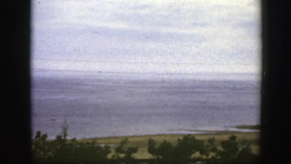 1950 8mm frame near Montreal showing a wide calm water view, low shore, shrubs in the foreground, and muted cloudy light.
