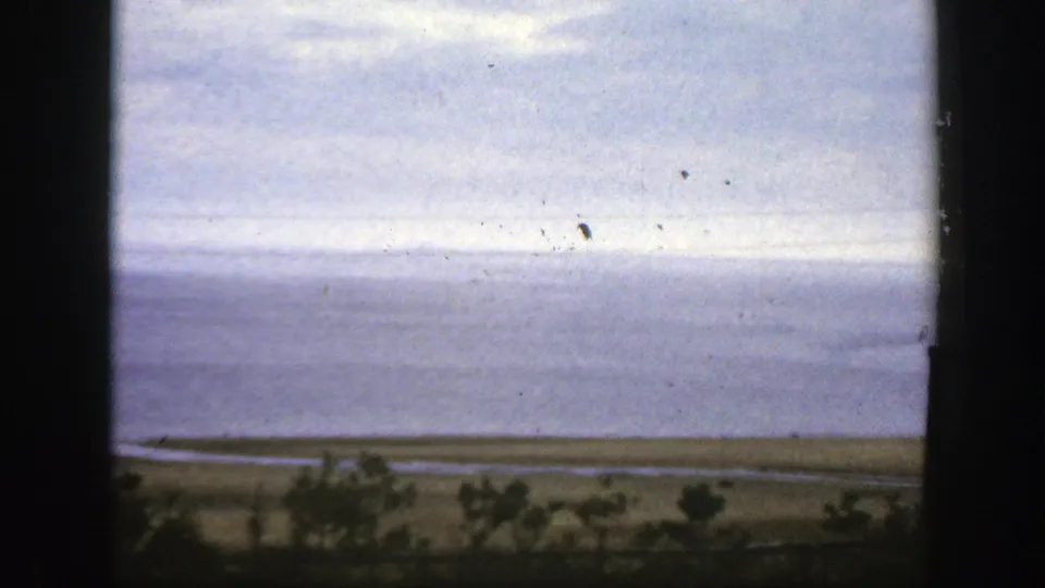 1950 8mm Montreal-area shoreline view with calm water, pale cloud cover, low land, and foreground shrubs seen past a dark frame edge.