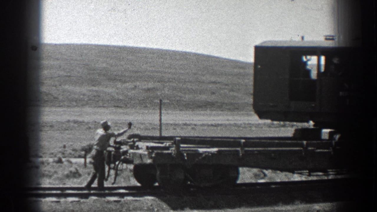 Worker holds rail equipment near a flat car as a dark rail unit passes.