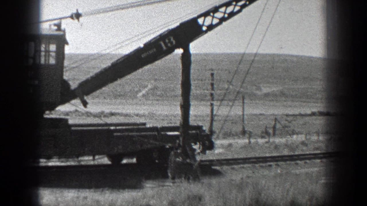 Side view of a rail crane boom over tracks with utility poles in the background.
