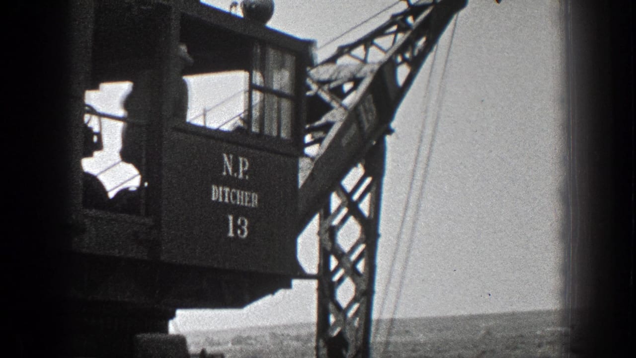 Crane cab marked "N.P. DITCHER 13" beside a lattice boom on sandy coastal ground.