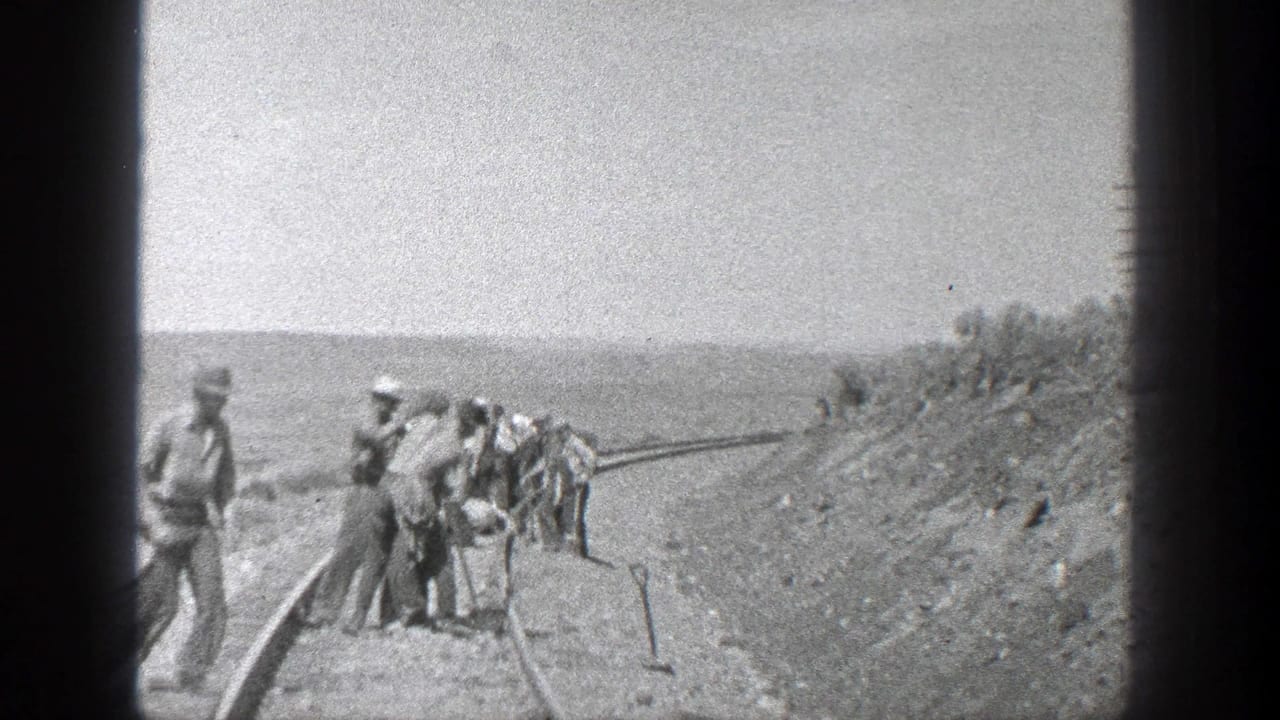 A line of workers bends over tools along a railroad track under a bright sky.