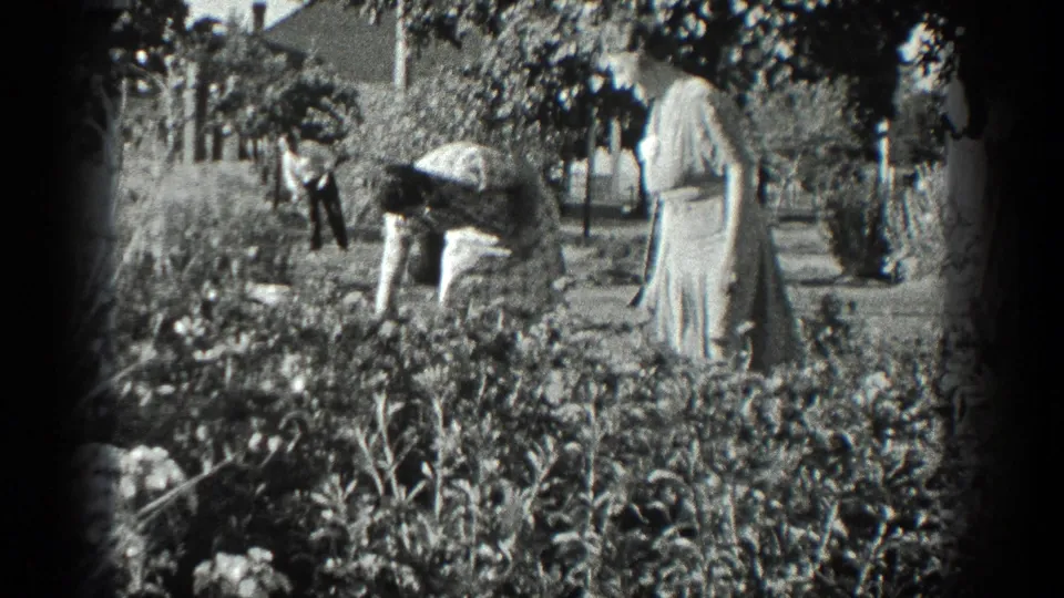 One woman bends over a flower bed while another stands nearby in a 1936 California garden scene.
