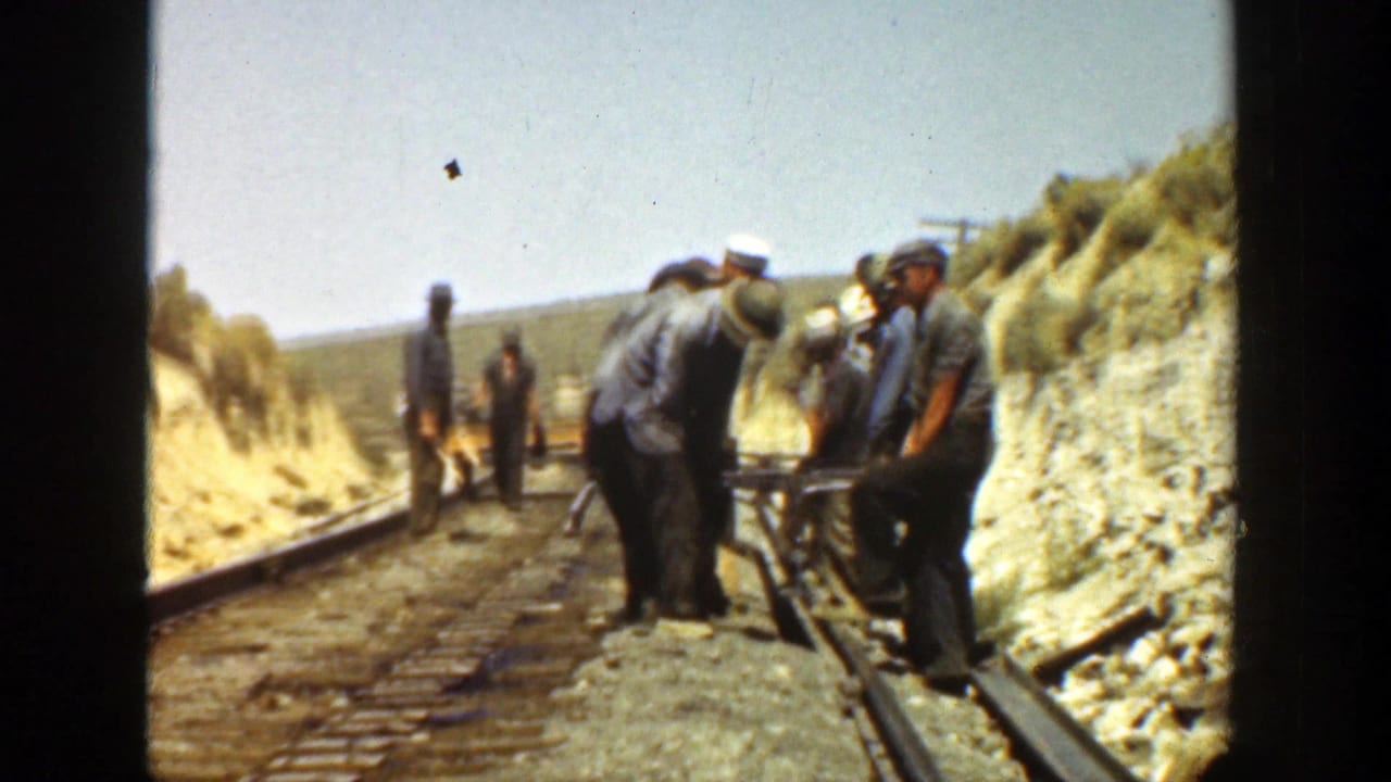 Workers stand and bend along rails on a sunlit track bed.