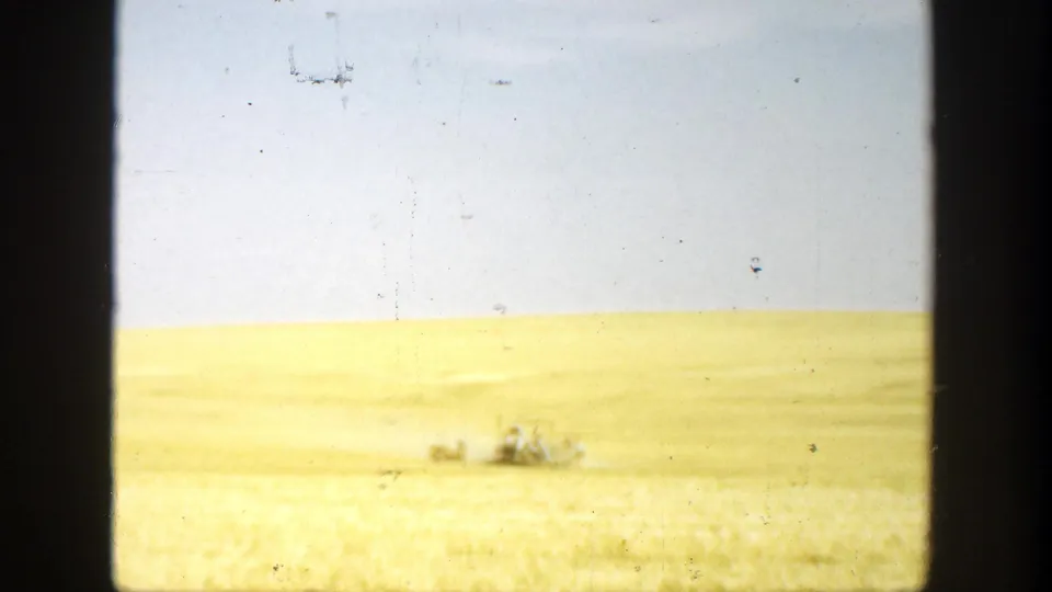 Soft 8mm view of a California field in 1936 with indistinct people far from the camera and visible film wear.