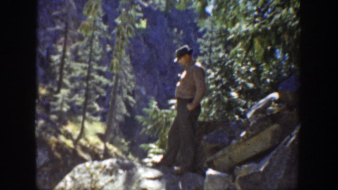 Man in a hat stands on a rocky outcrop with a golf club in a forested mountain setting.