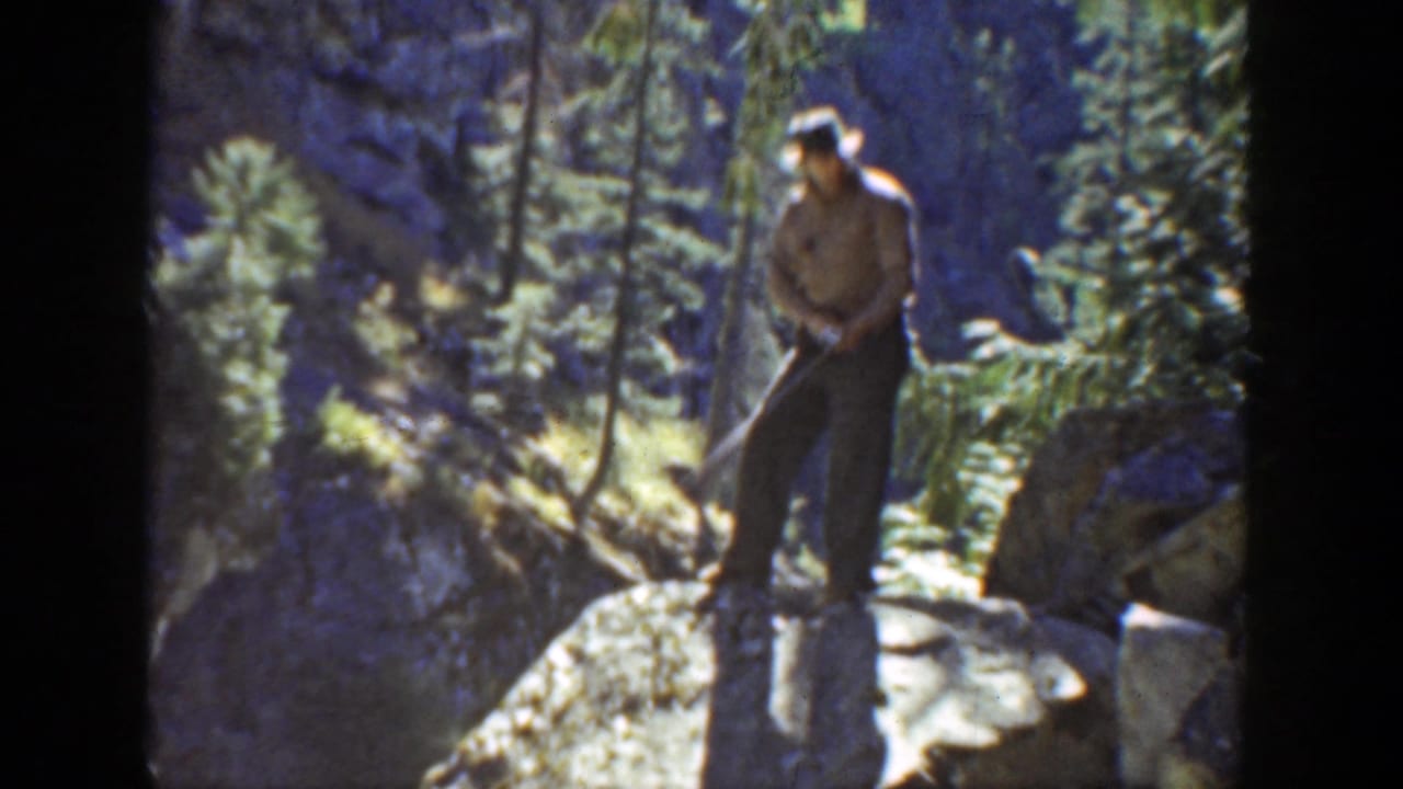 Man with a golf club stands on a boulder amid trees and rocky mountain terrain.