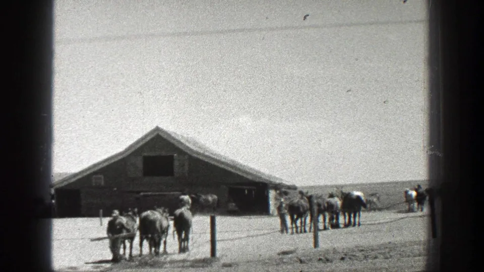 Distant people and horses gather near a large barn and fence posts on a California ranch in 1936 home-movie footage.