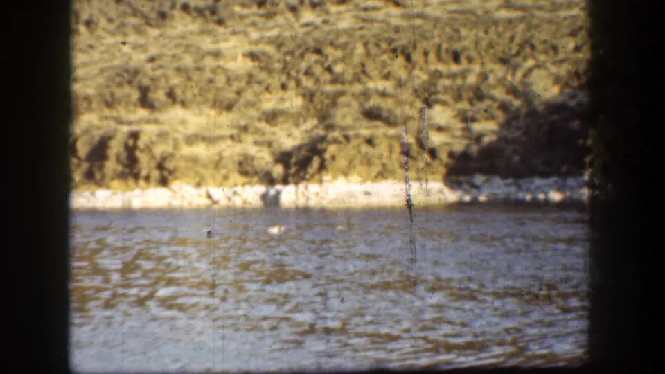 1936 California lake view with rippled water, dry green-brown hills, and shoreline trees in color-tinted 8mm footage.