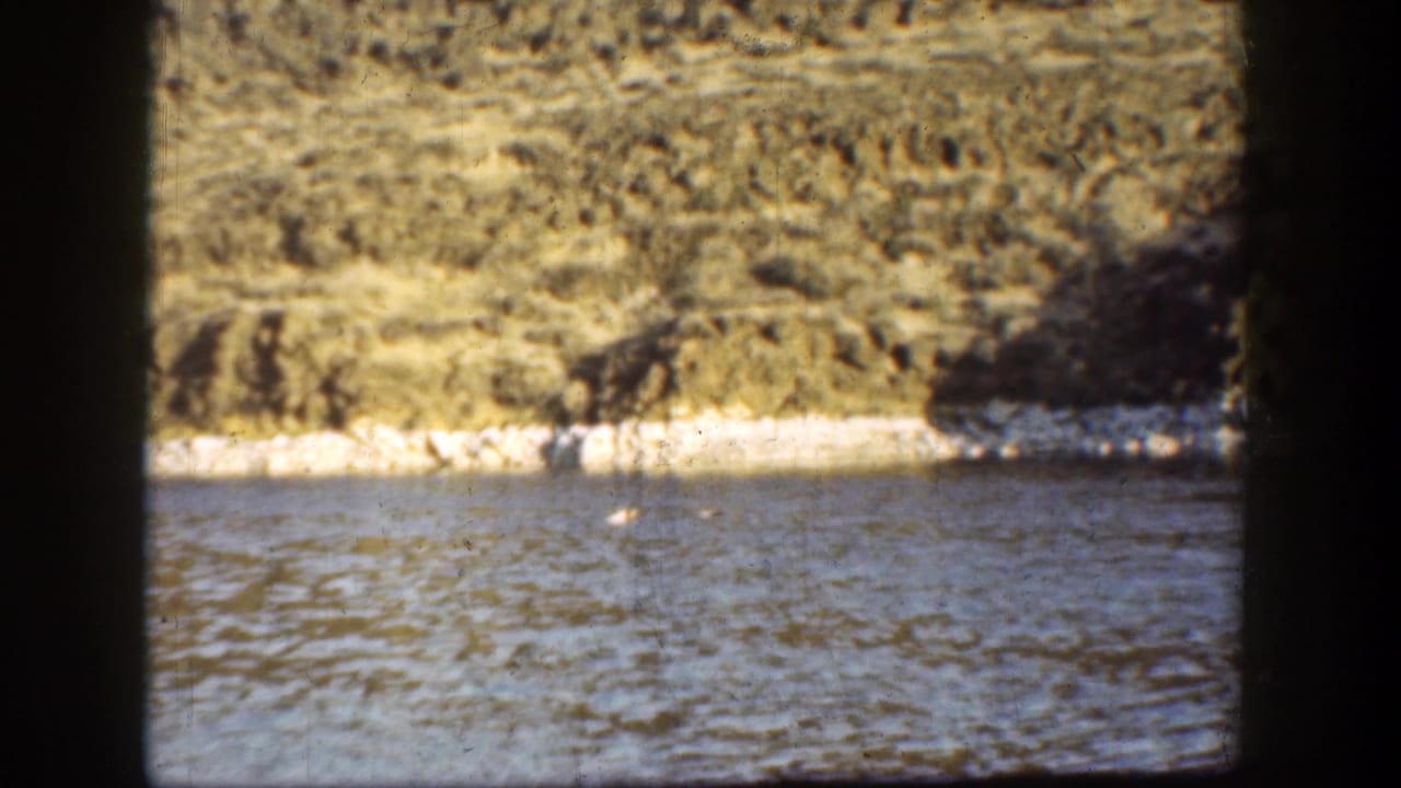1936 California 8mm frame showing lake water, pale shoreline, and a rugged sunlit hillside beyond.