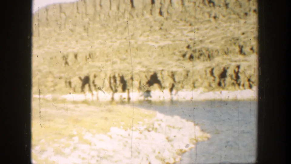 1936 California 8mm frame showing a distant bear-like silhouette along a pale lakeshore with trees, water, and mountain terrain.