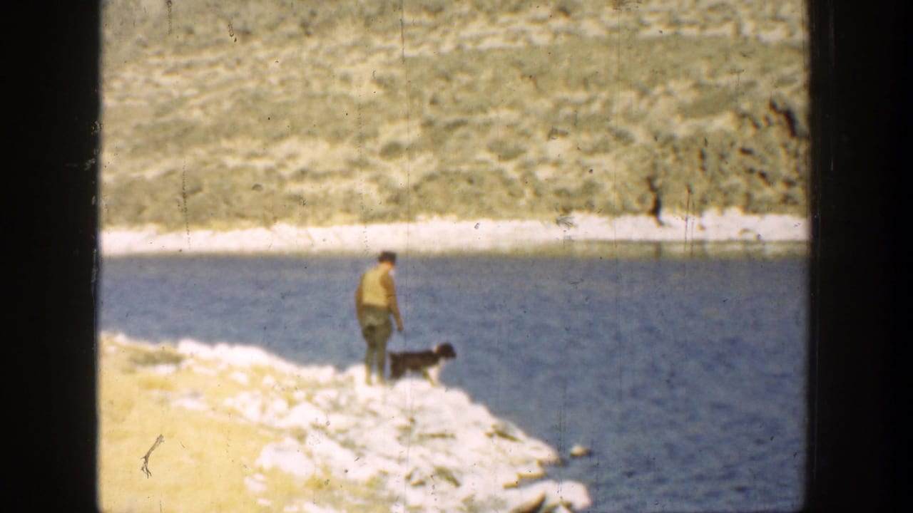 Man stands with a dark dog on a rocky lakeshore beside blue water and pale hills.